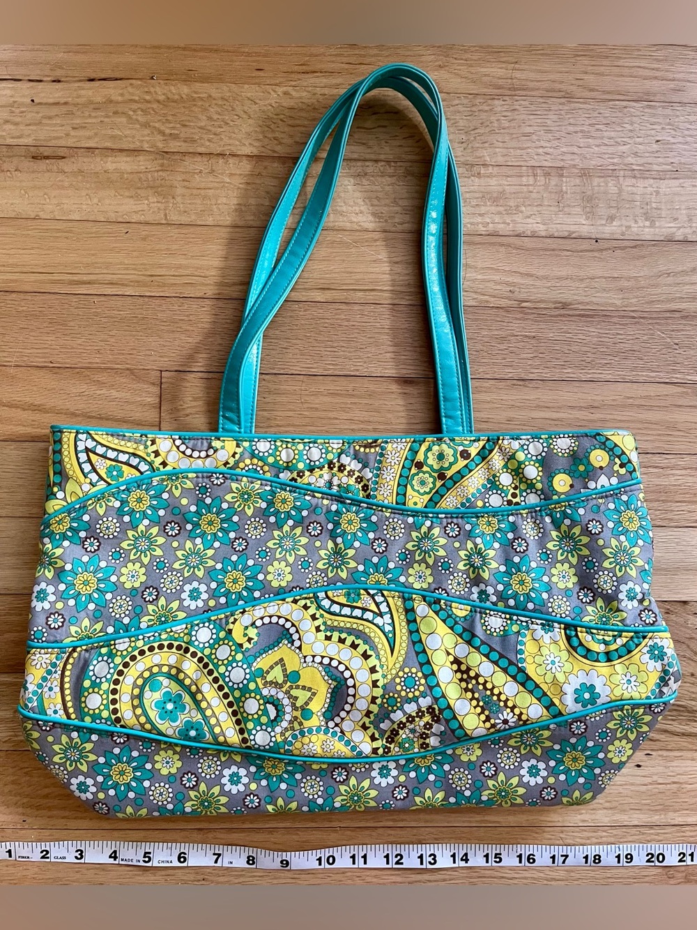 Vera Bradley Tote Bag Turquoise Yellow Paisley Excellent Condition - Picture 2 of 8
